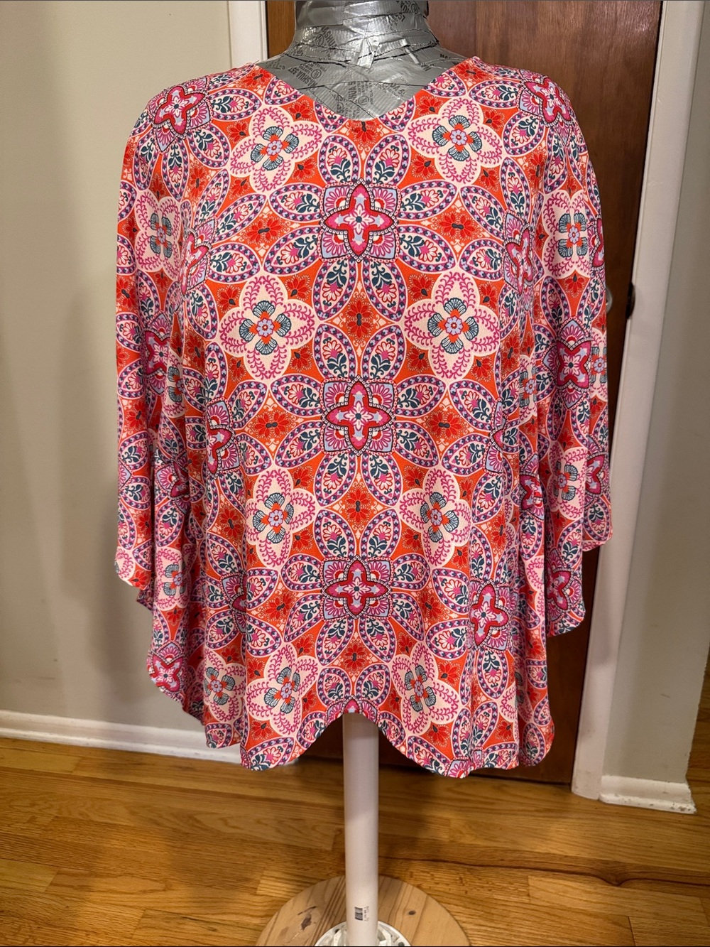 Women's Pink Multi-Pattern V-Neck Poncho